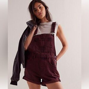 Free People Burgundy Short Overalls